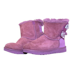 UGG Mini Bailey Bow Brilliant Bling Pearl Garnet Suede Boots Size 7 Women’s Pink